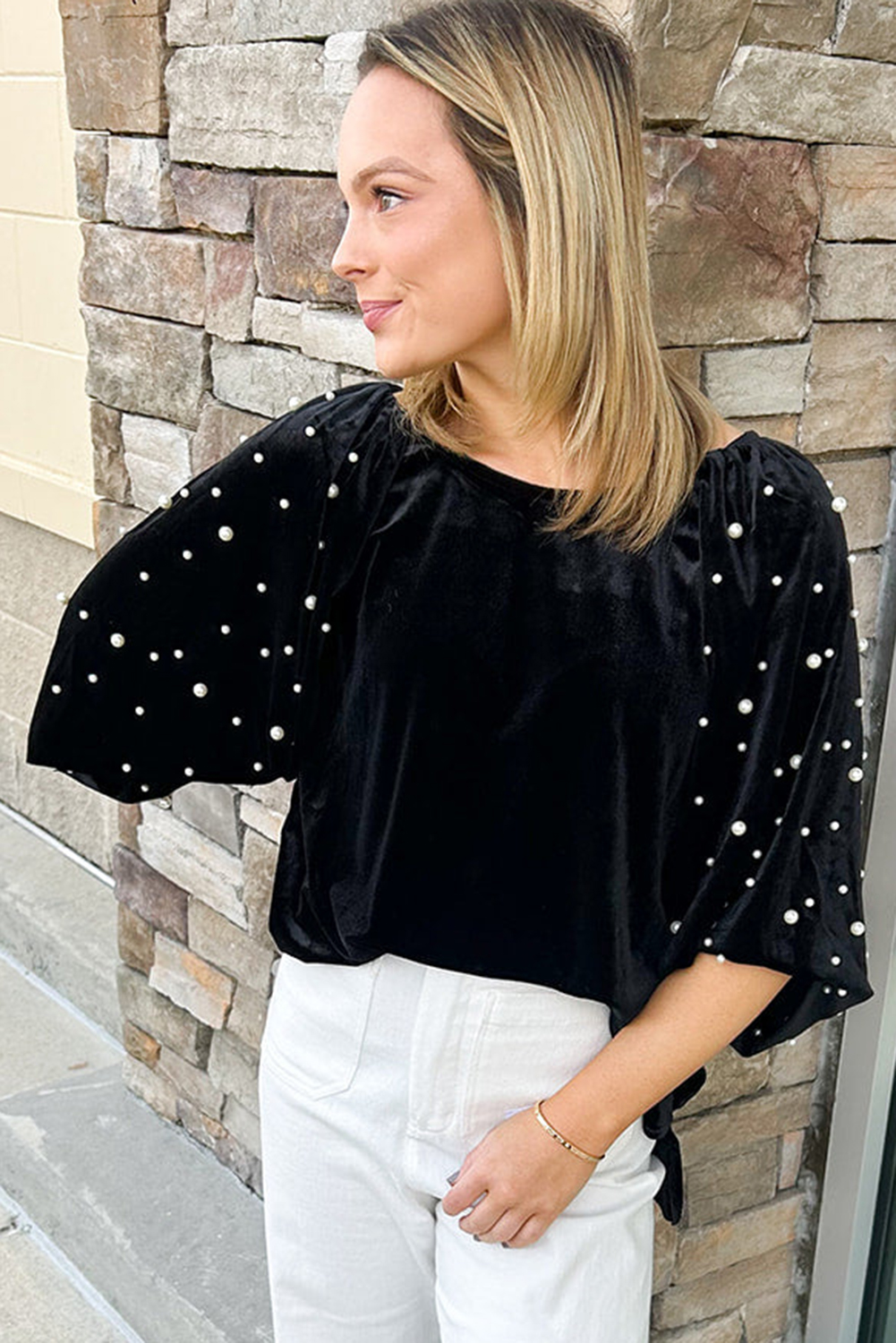 Black Pearl Beaded Half Sleeve Velvet Top - loveforevers