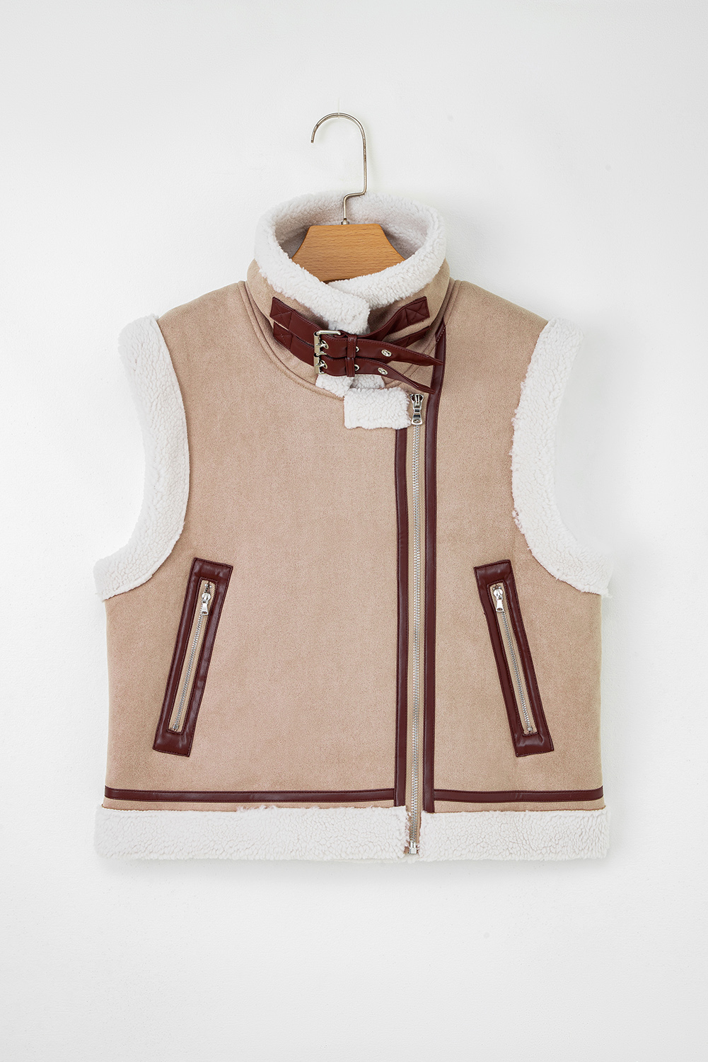 Dark Khaki Sherpa Lined Faux Suede Lapel Collar Vest - loveforevers