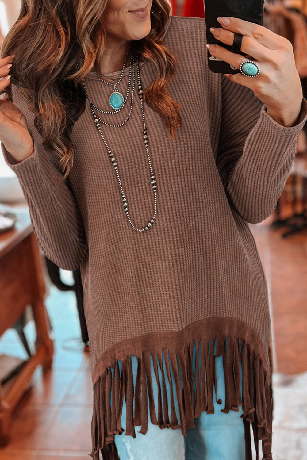 Coffee Waffle Knit Fringed High Low Loose Top - loveforevers