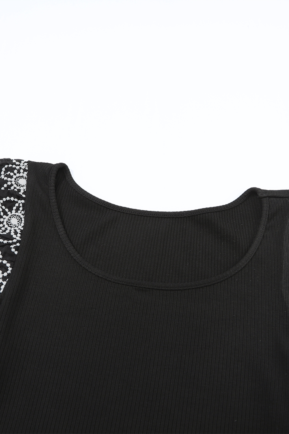 Black Flower Puff Sleeve Ribbed Knit Top - loveforevers