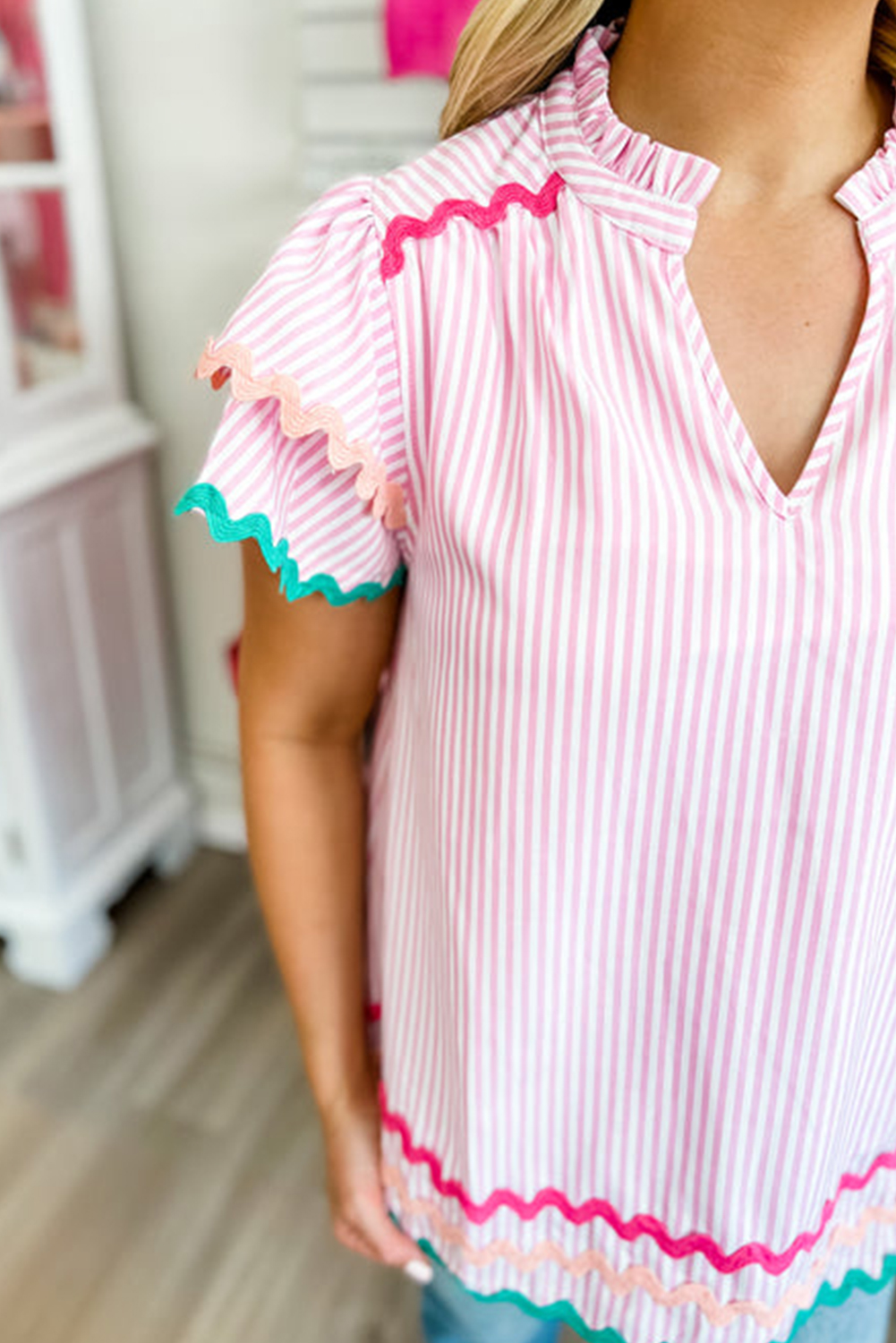 Sky Blue Stripe Ricrac Trim Split Neck Striped Ruffled Sleeve Blouse - loveforevers