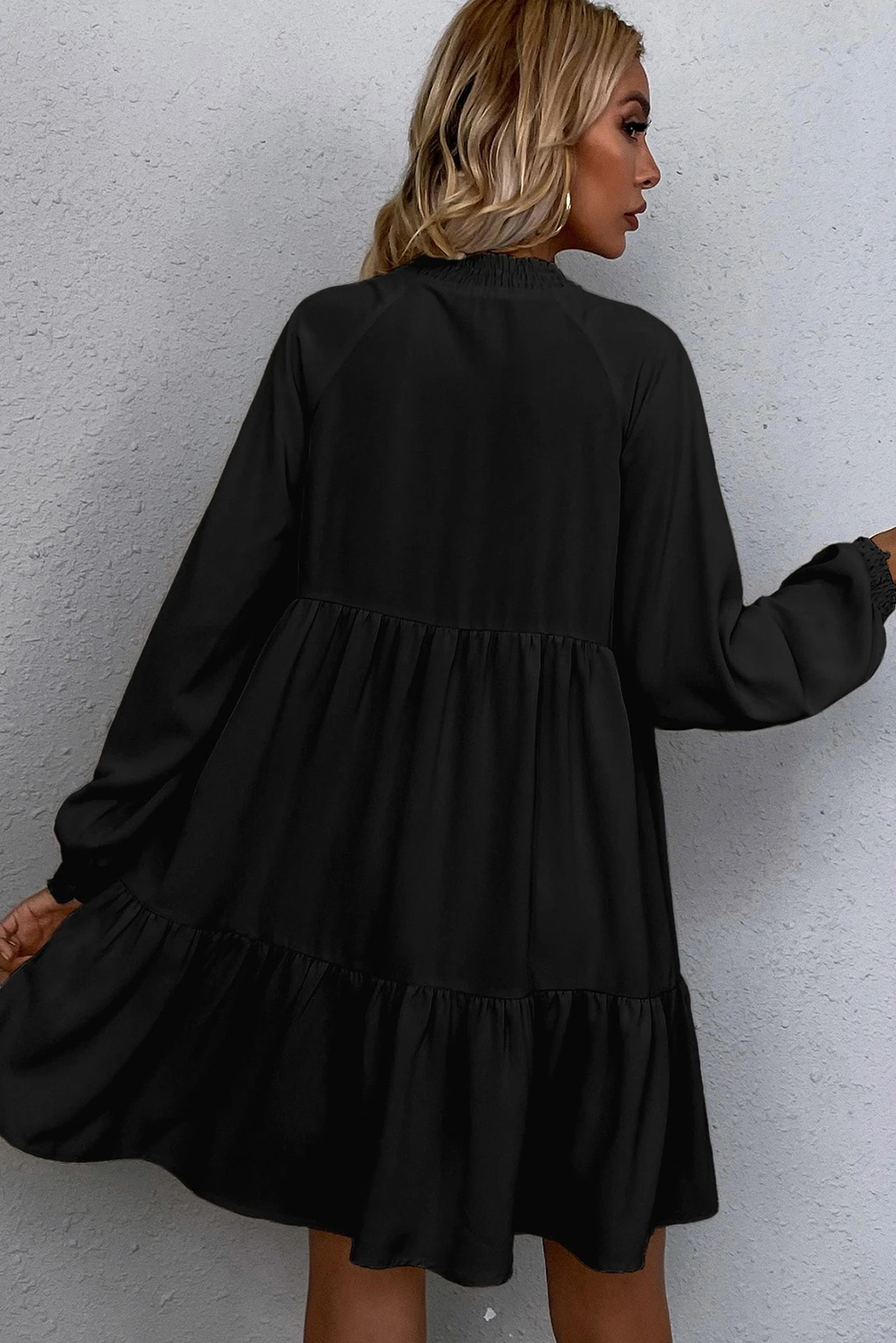 Black Tie Split Neck Smocked Detail Long Puff Sleeve Ruffle Hem Loose Dress - loveforevers