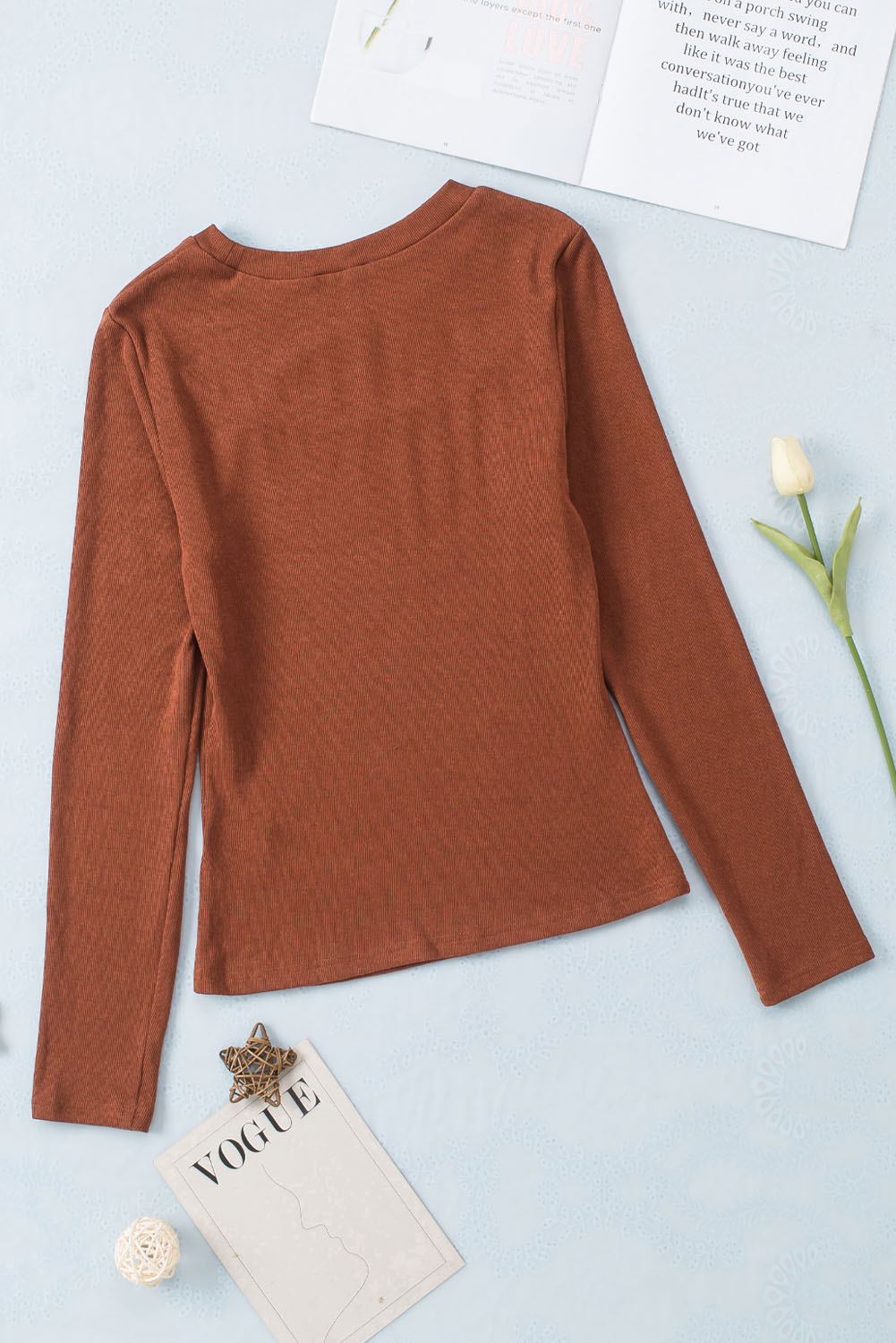 Brown Ribbed Peekaboo Cutout Long Sleeve Top - loveforevers