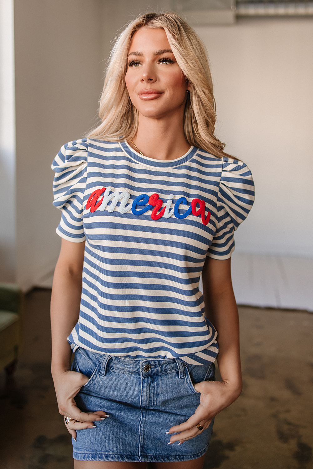 Blue Stripe America Cursive Graphic Puff Sleeve T-shirt - loveforevers