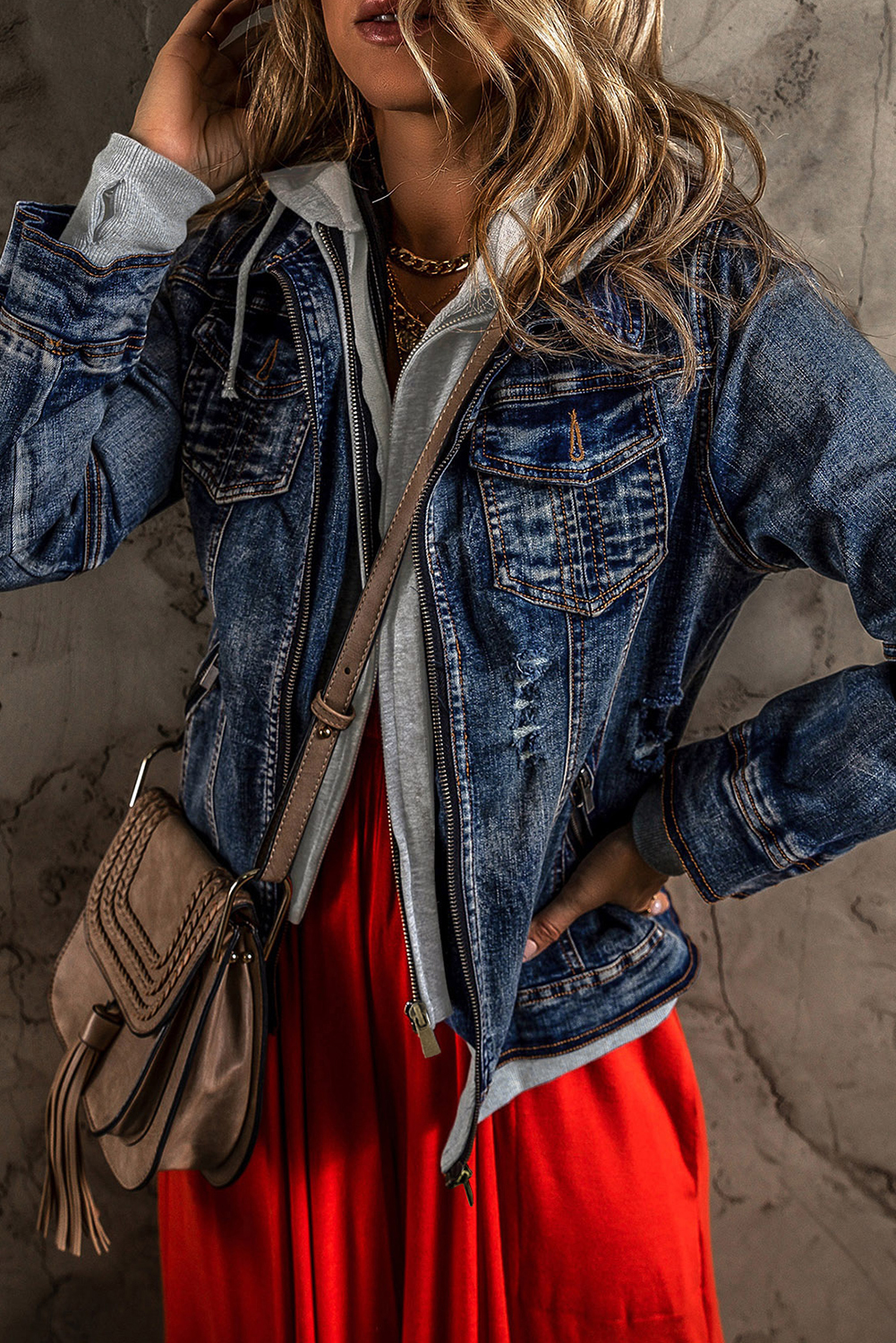 Dark Blue Fake Two-Piece Hooded Zip-Up Denim Jacket - loveforevers