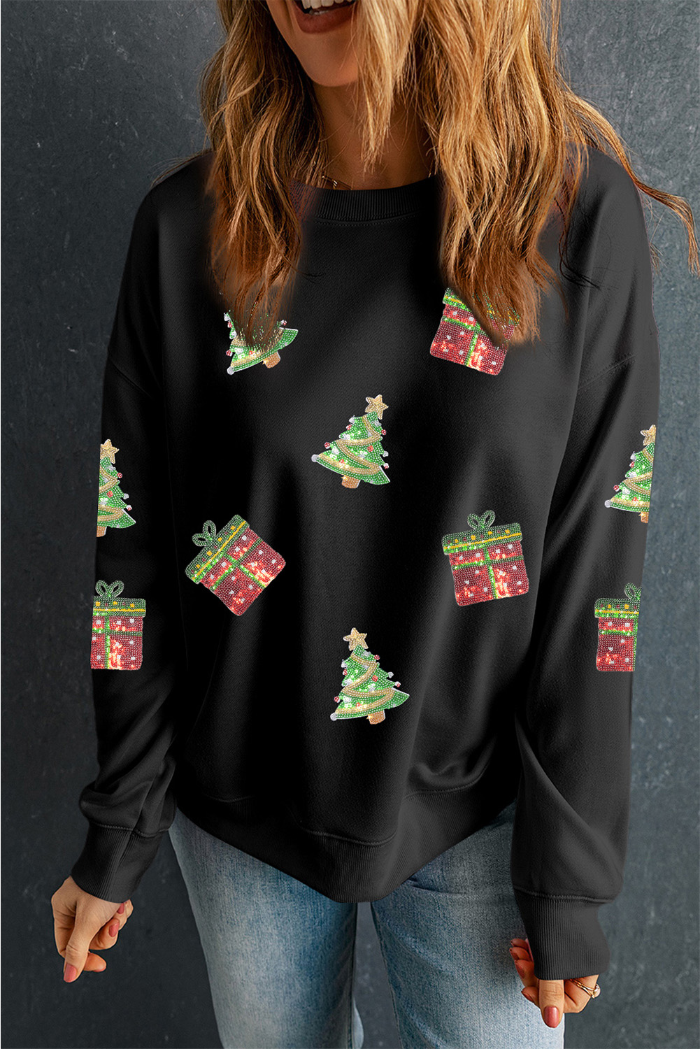 Black Sequin Christmas Trees Gifts Patched Drop Shoulder Sweatshirt - loveforevers