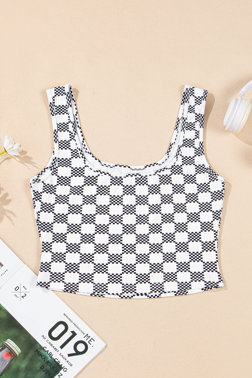 Black Checkered Print U Neck Cropped Tank Top - loveforevers