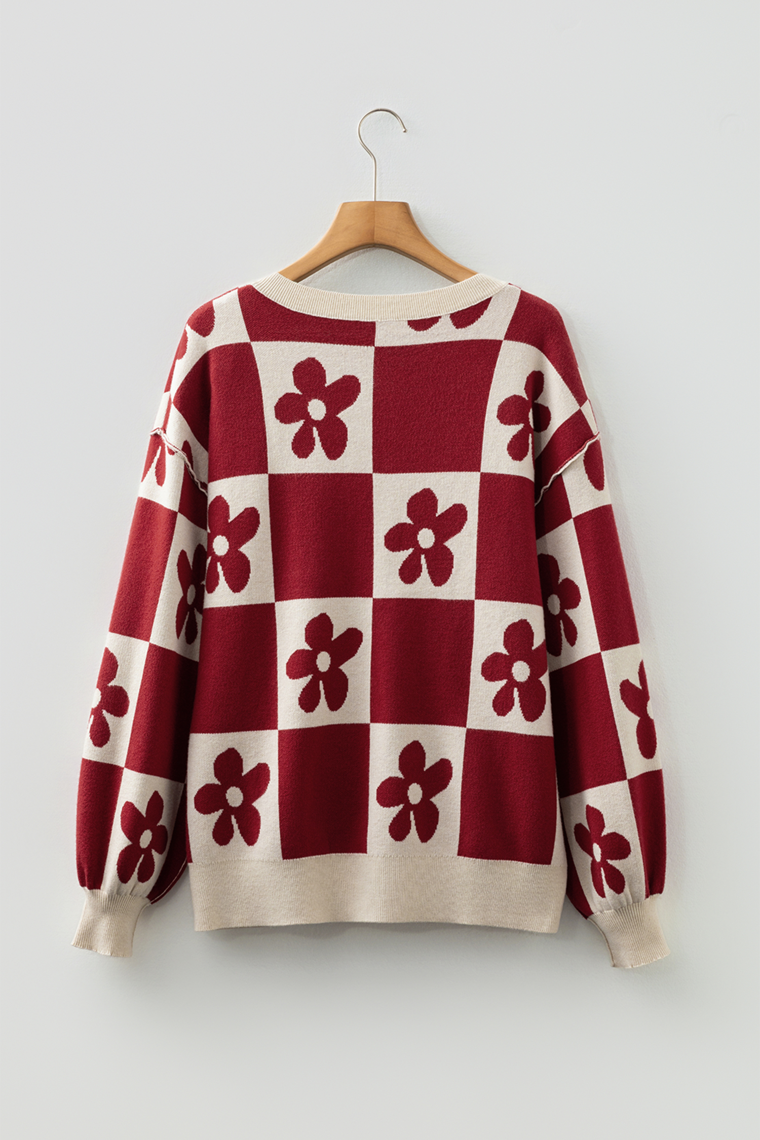 Black Flower Plaid Henley Baggy Sweater - loveforevers