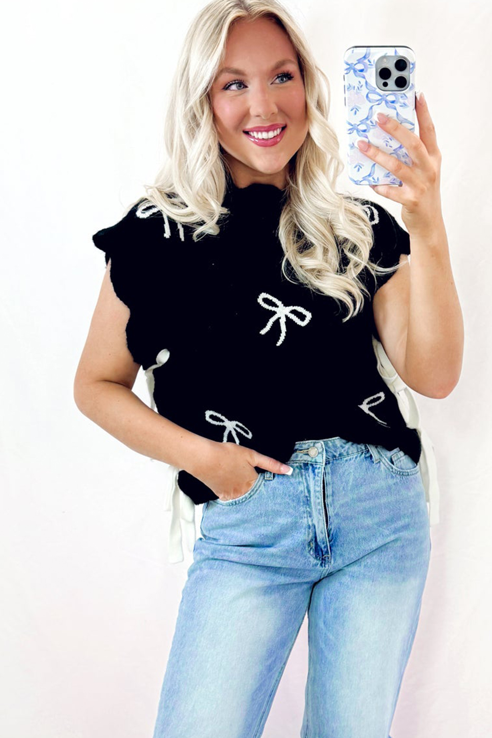 Black Bow Print Side Ties Scalloped Hem Sweater T Shirt - loveforevers