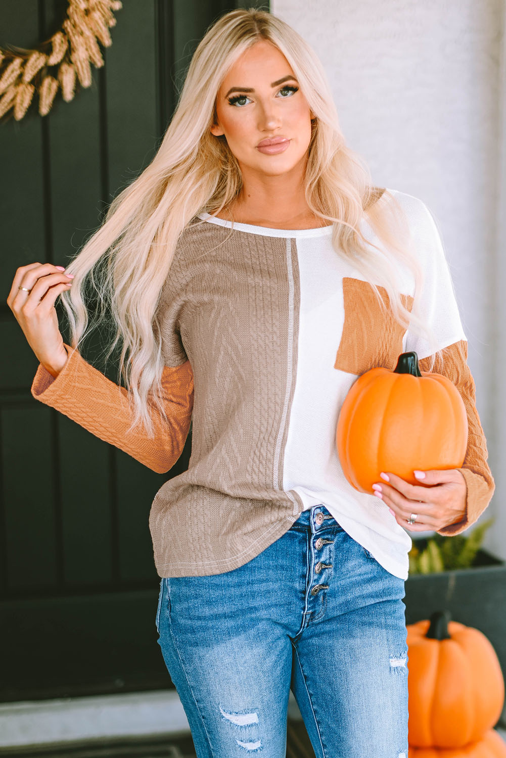 Orange Long Sleeve Colorblock Chest Pocket Textured Knit Top - loveforevers