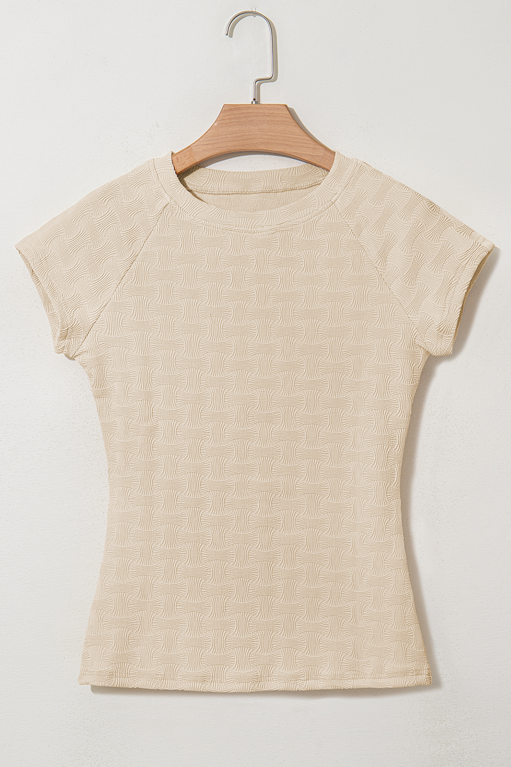 Beige Textured Crew Neck Cap Sleeve Slim Stretchy T Shirt - loveforevers