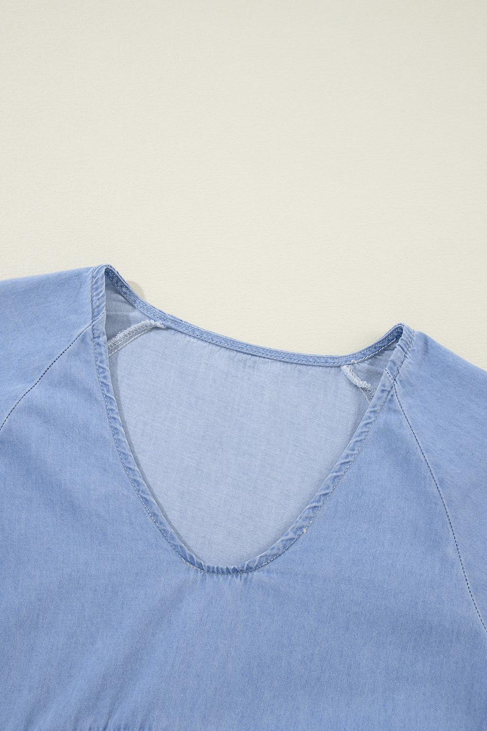 Beau Blue Puff Sleeve V Neck Tiered Ruffled Chambray Mini Dress - loveforevers