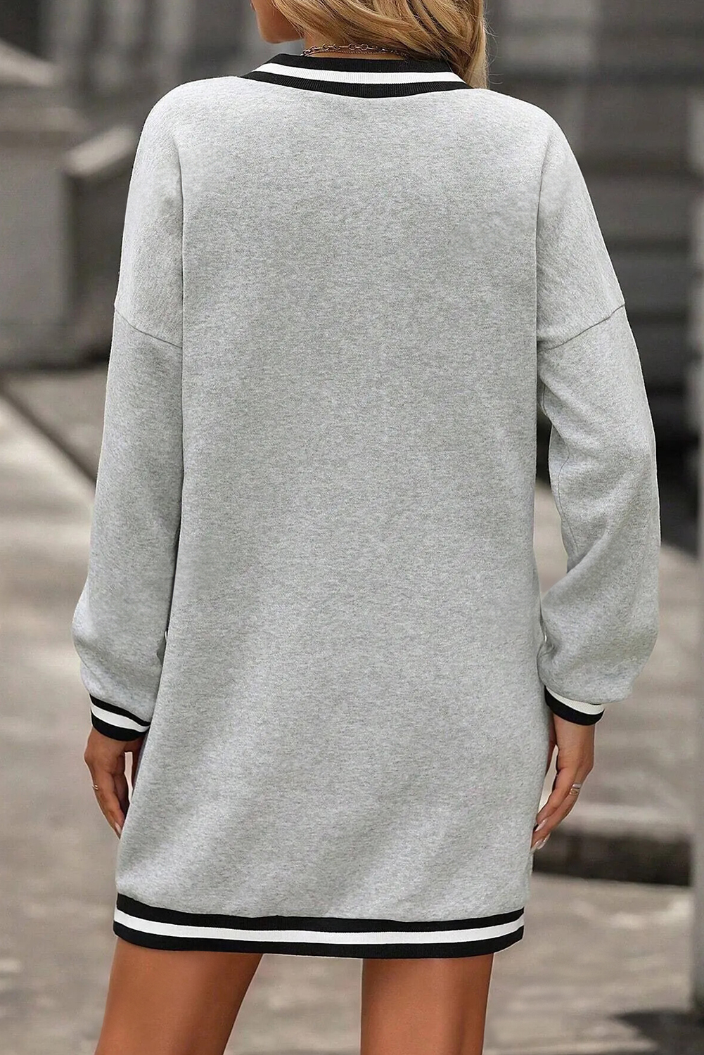 Light Grey Striped Trim V Neck Long Sleeve Preppy T Shirt Dress - loveforevers