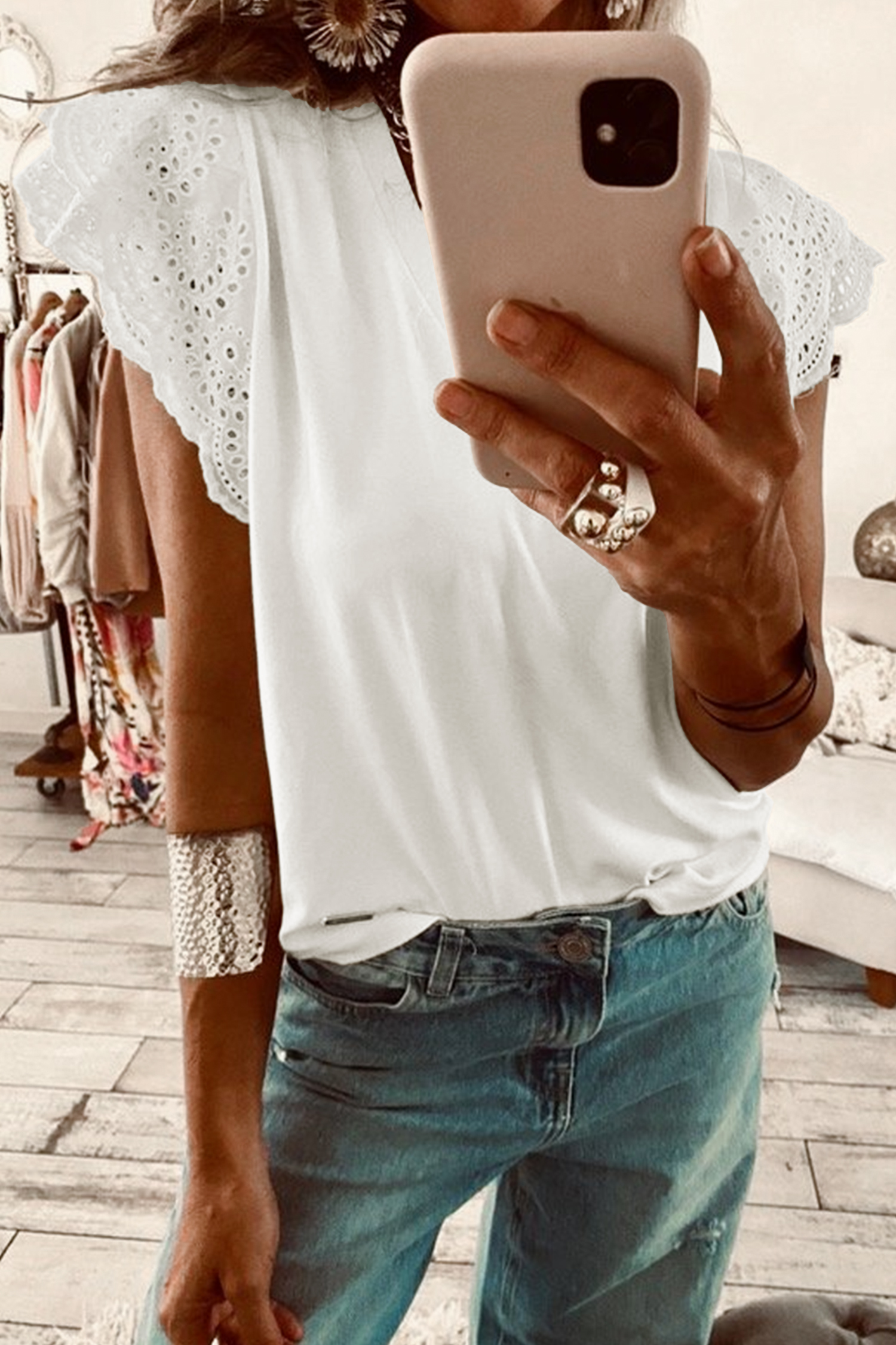 White Eyelet Embroidered Flutter Sleeve Patchwork V Neck Tee - loveforevers