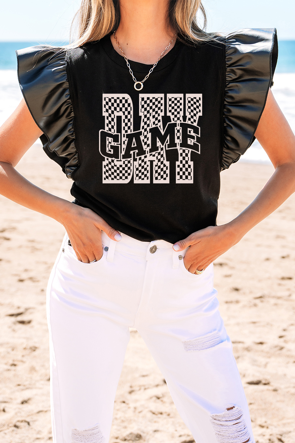 Black GAME DAY Checkered Letter Graphic Leatherette Ruffle Sleeve Top - loveforevers
