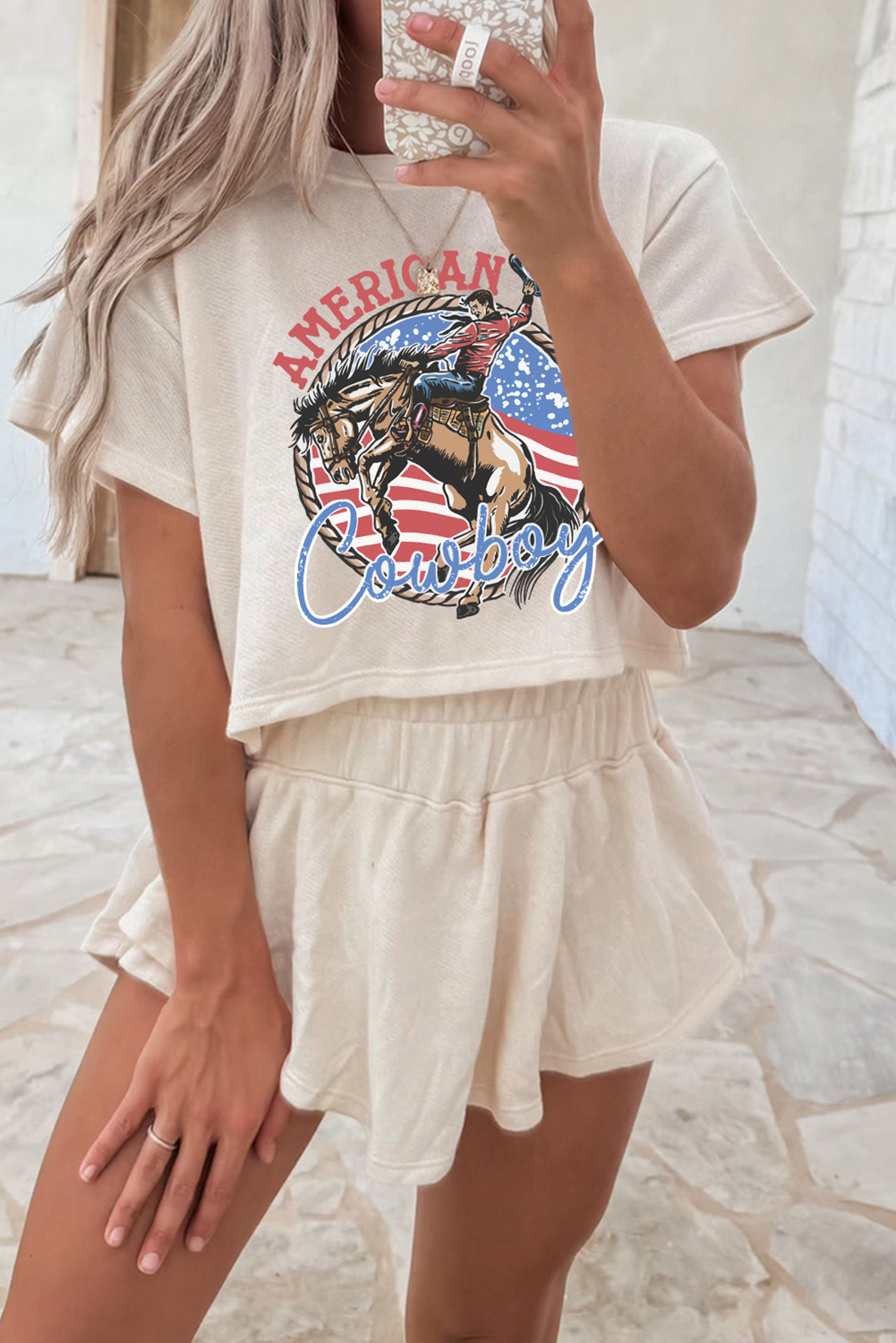 Beige American Cowboy Western Graphic Tee and Ruffle Skort 2pcs Set - loveforevers