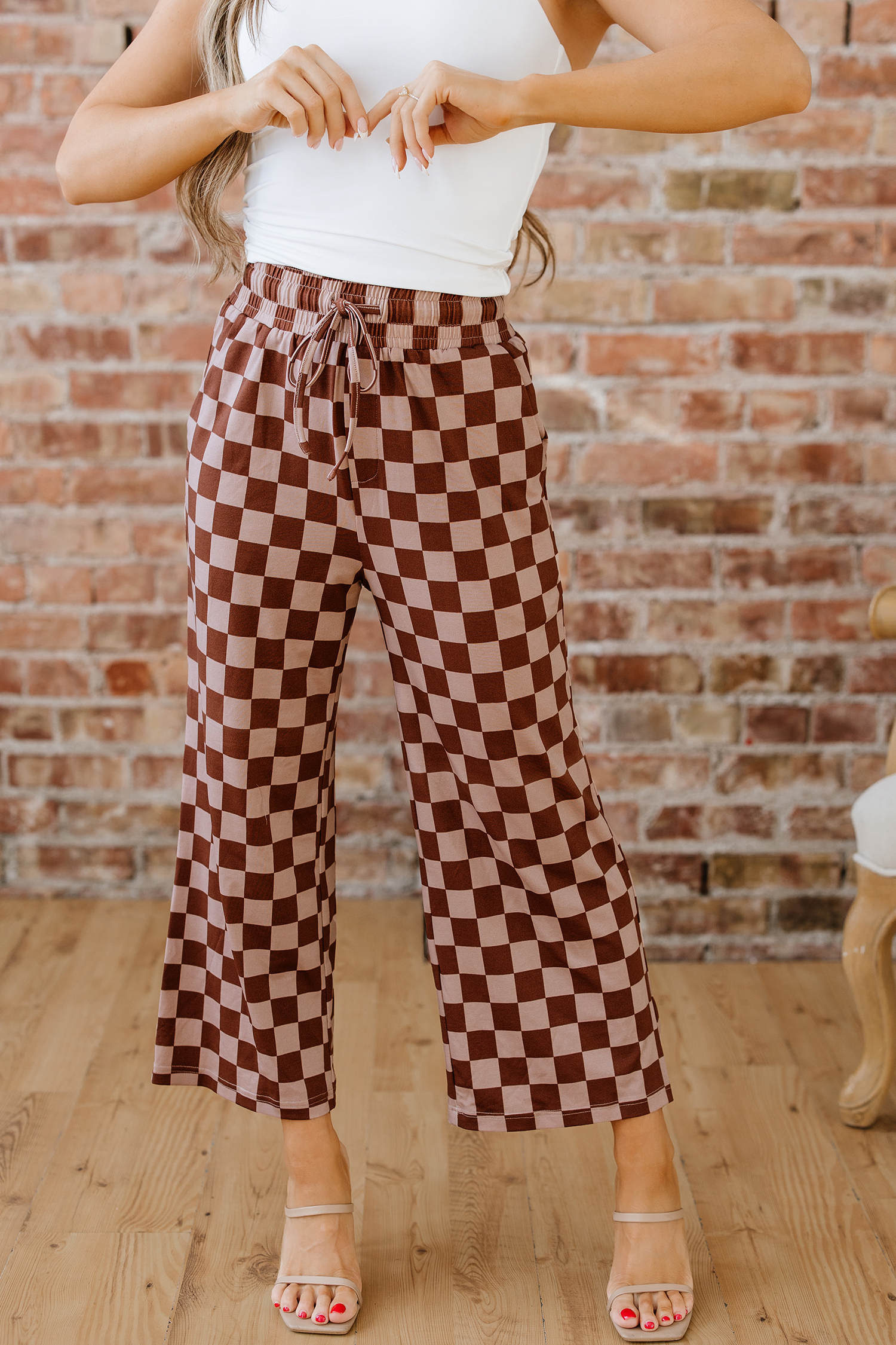Khaki Checkered Elastic High Waist Loose Casual Pants - loveforevers