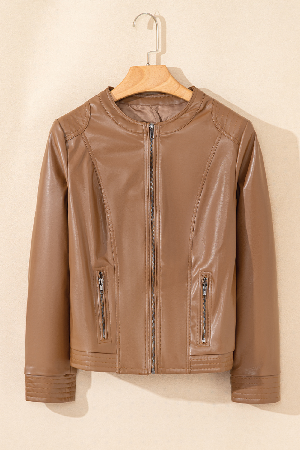 Chestnut Solid Faux Leather Zipper Slim Fit Bomber Jacket - loveforevers