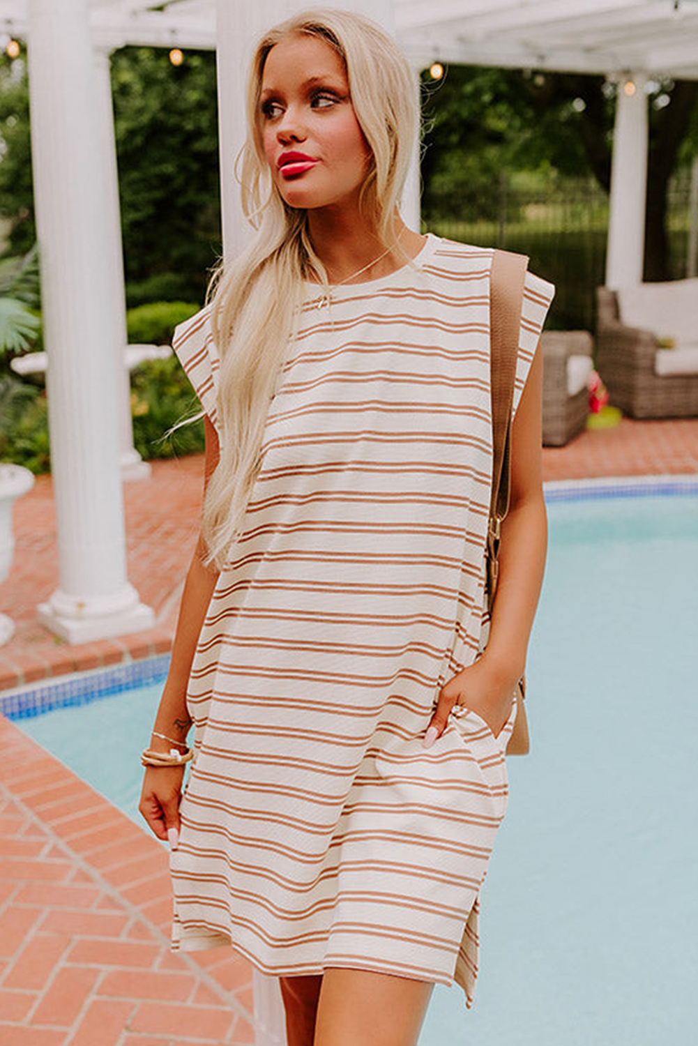 Khaki Stripe Round Neck Sleeveless Casual Pocketed Mini Dress - loveforevers