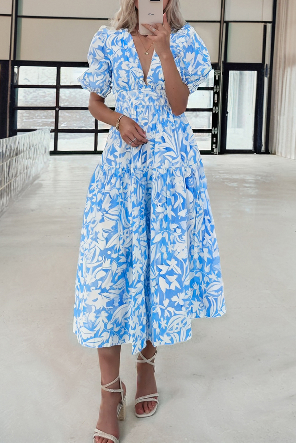 Sky Blue Floral V Neck Puff Short Sleeve Flowy Long Dress - loveforevers