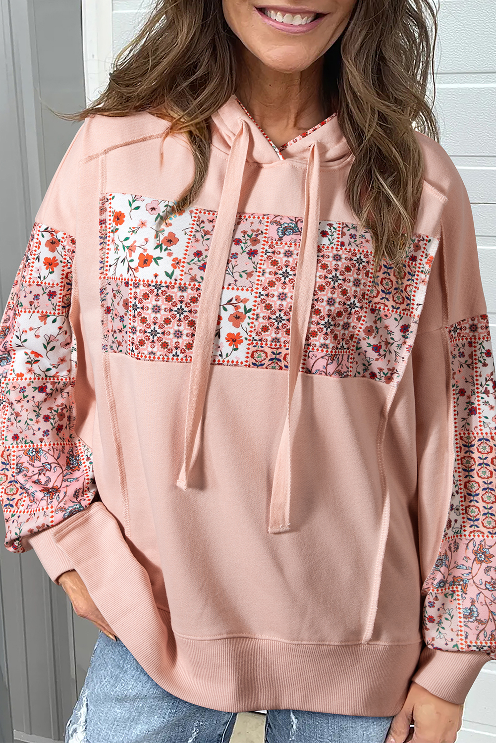 Delicacy Mix Floral Patchwork Side Slit Drawstring Hoodie - loveforevers