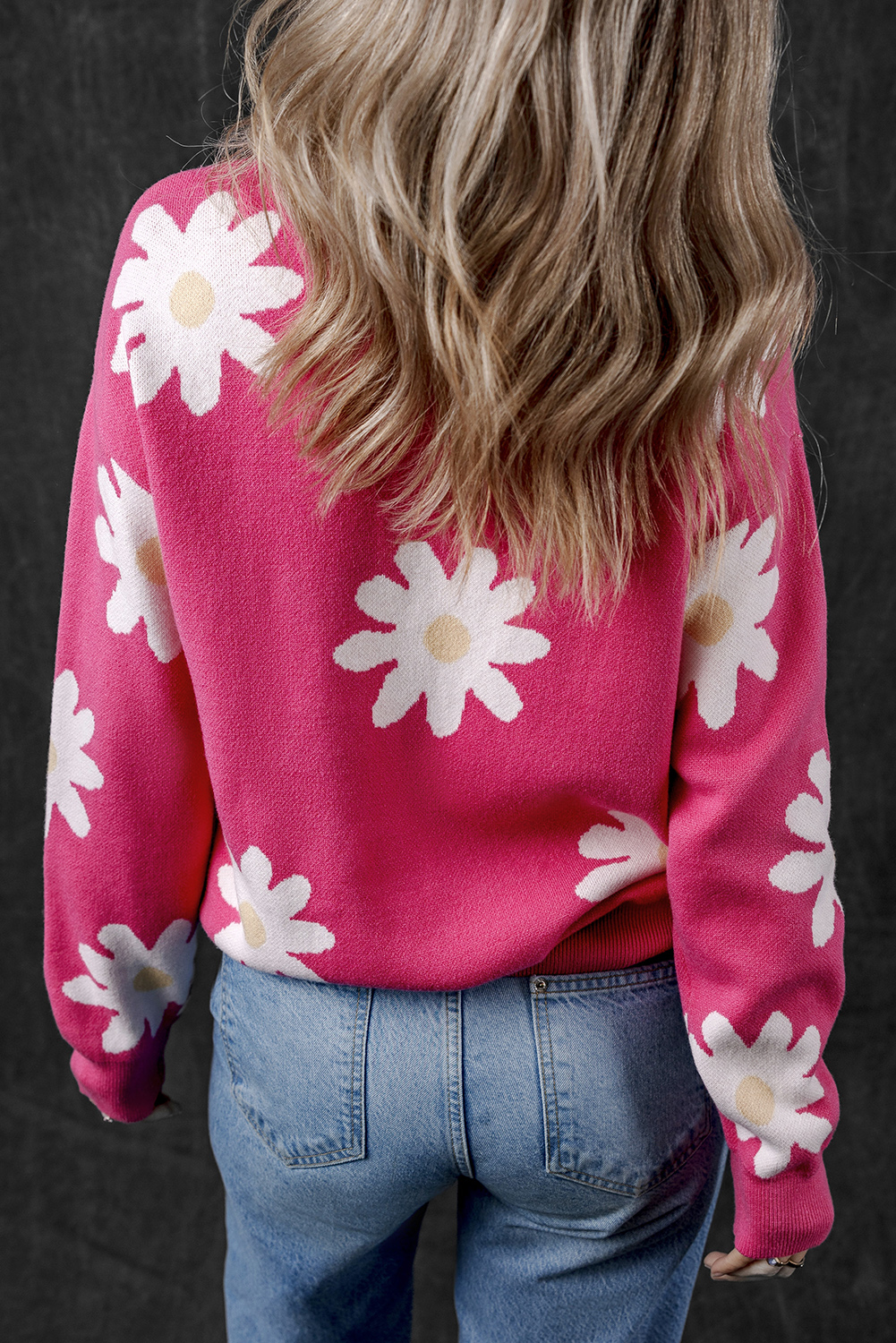 Bright Pink Daisy Flower Crew Neck Long Sleeve Sweater - loveforevers