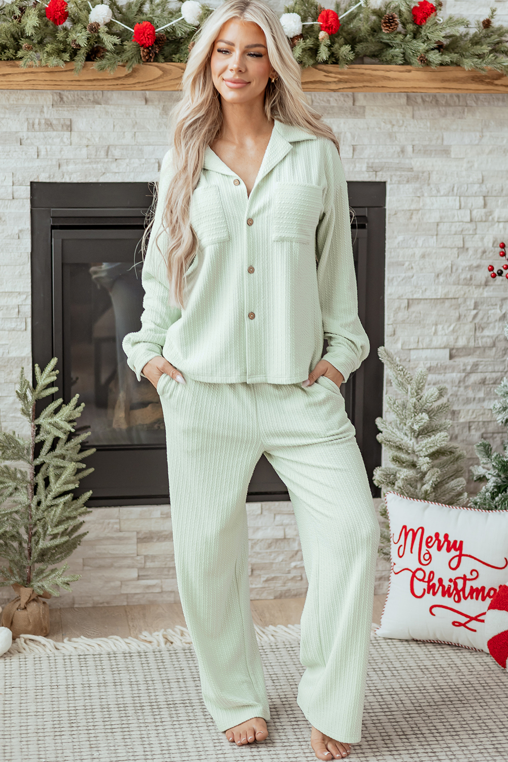 Clearly Aqua Textured Patched Chest Pocket Shirt and Pants Set - loveforevers