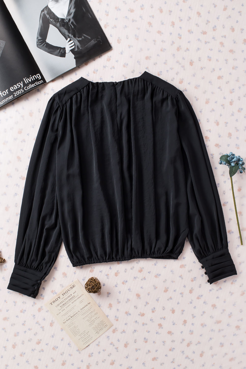 Black Padded Shoulder Buttoned Cuffs Pleated Loose Blouse - loveforevers
