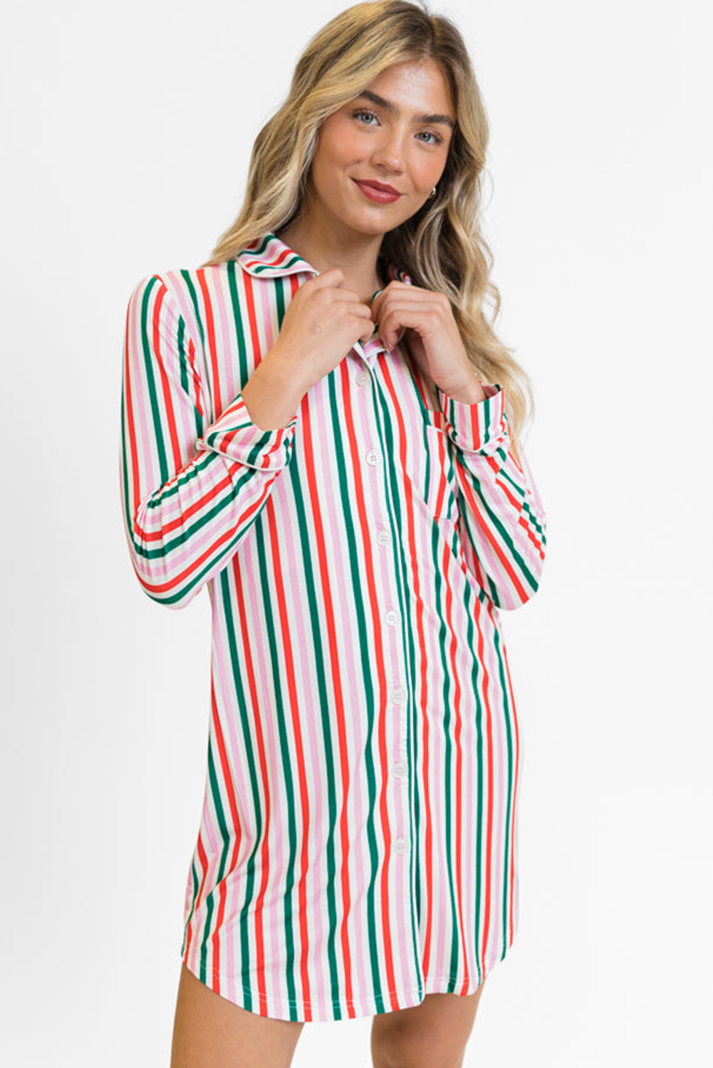 Pink Stripe Christmas Long Sleeve Shirt Style Lounge Dress - loveforevers