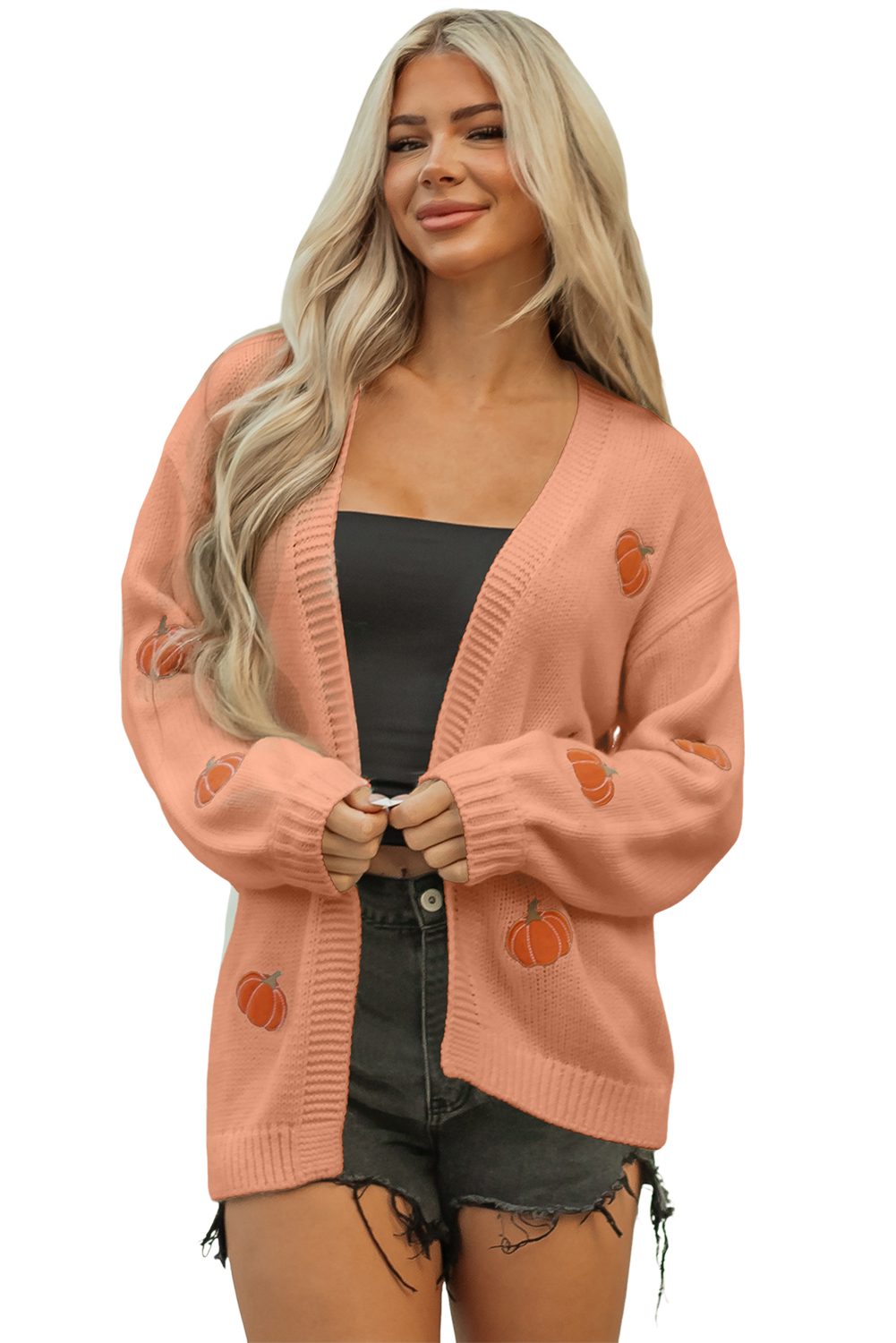 Light Pink Christmas Tree Print Open Front Drop Shoulder Midi Cardigan - loveforevers