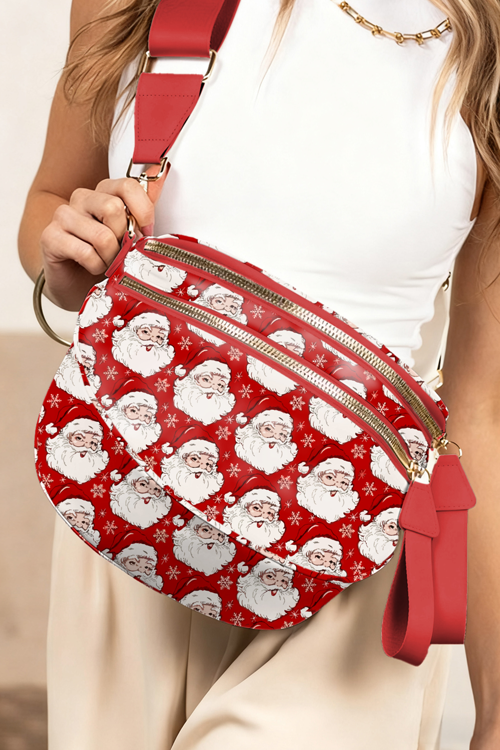 Fiery Red Christmas Theme Double Zip PU Leather Crossbody Bag - loveforevers