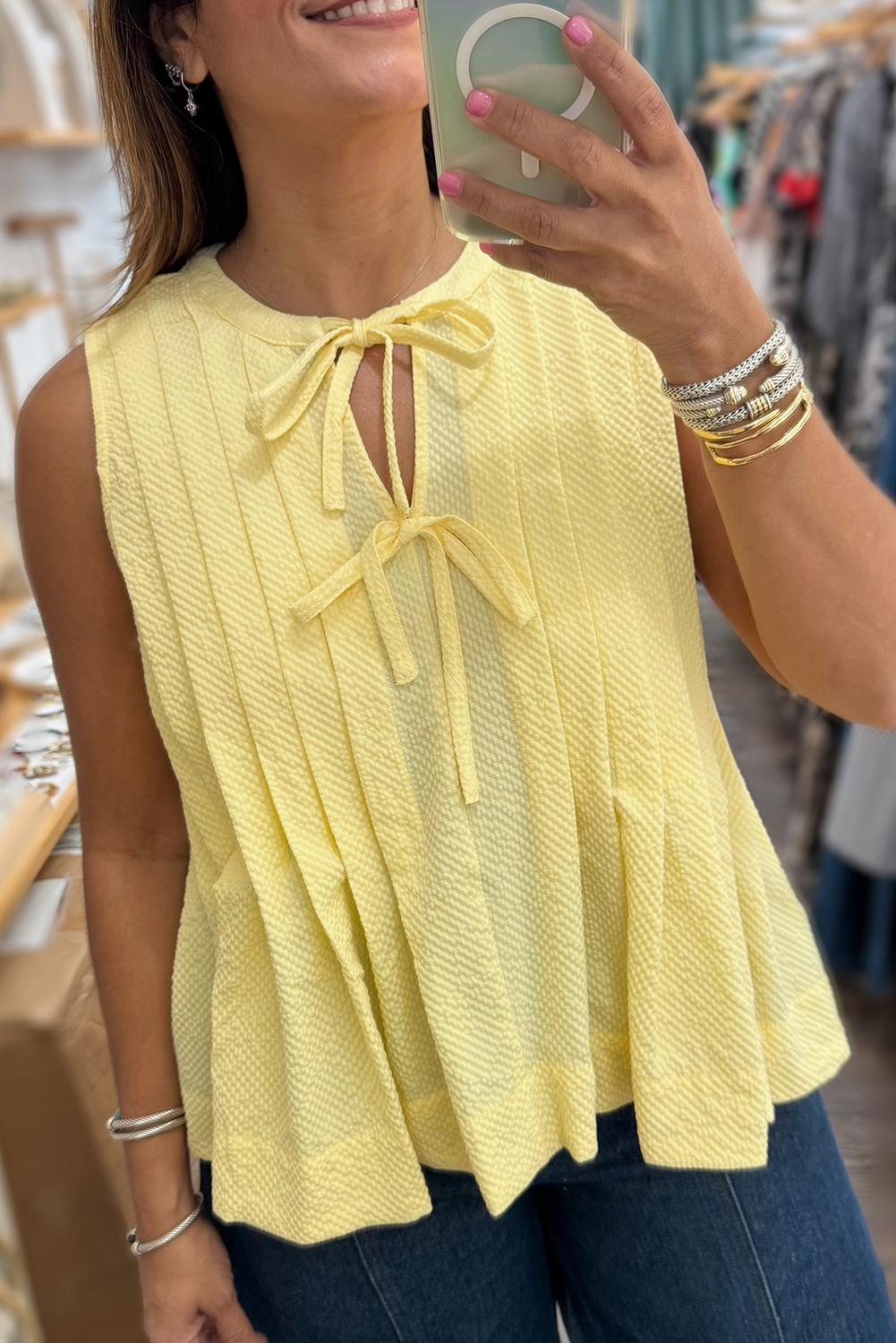Yellow Cream Bow Tie Notched Neck Pleated Tank Top - loveforevers