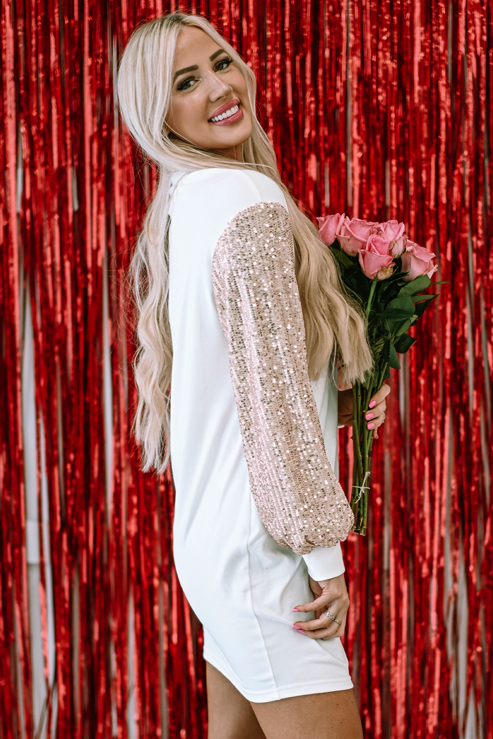 White Sequin Puff Sleeve Shift Mini Dress - loveforevers