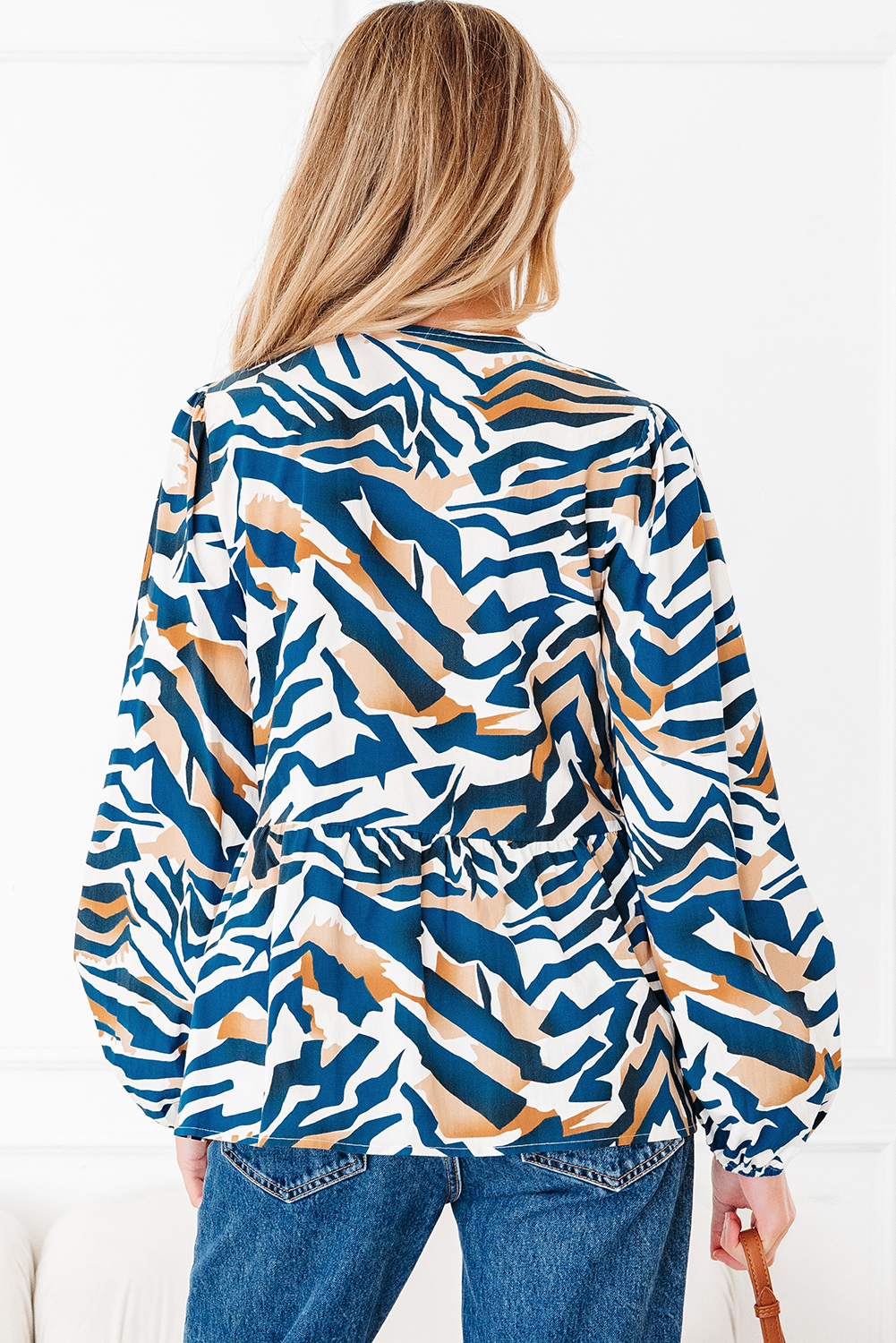 Blue Zebra Print Tied Front Puff Sleeve Top - loveforevers