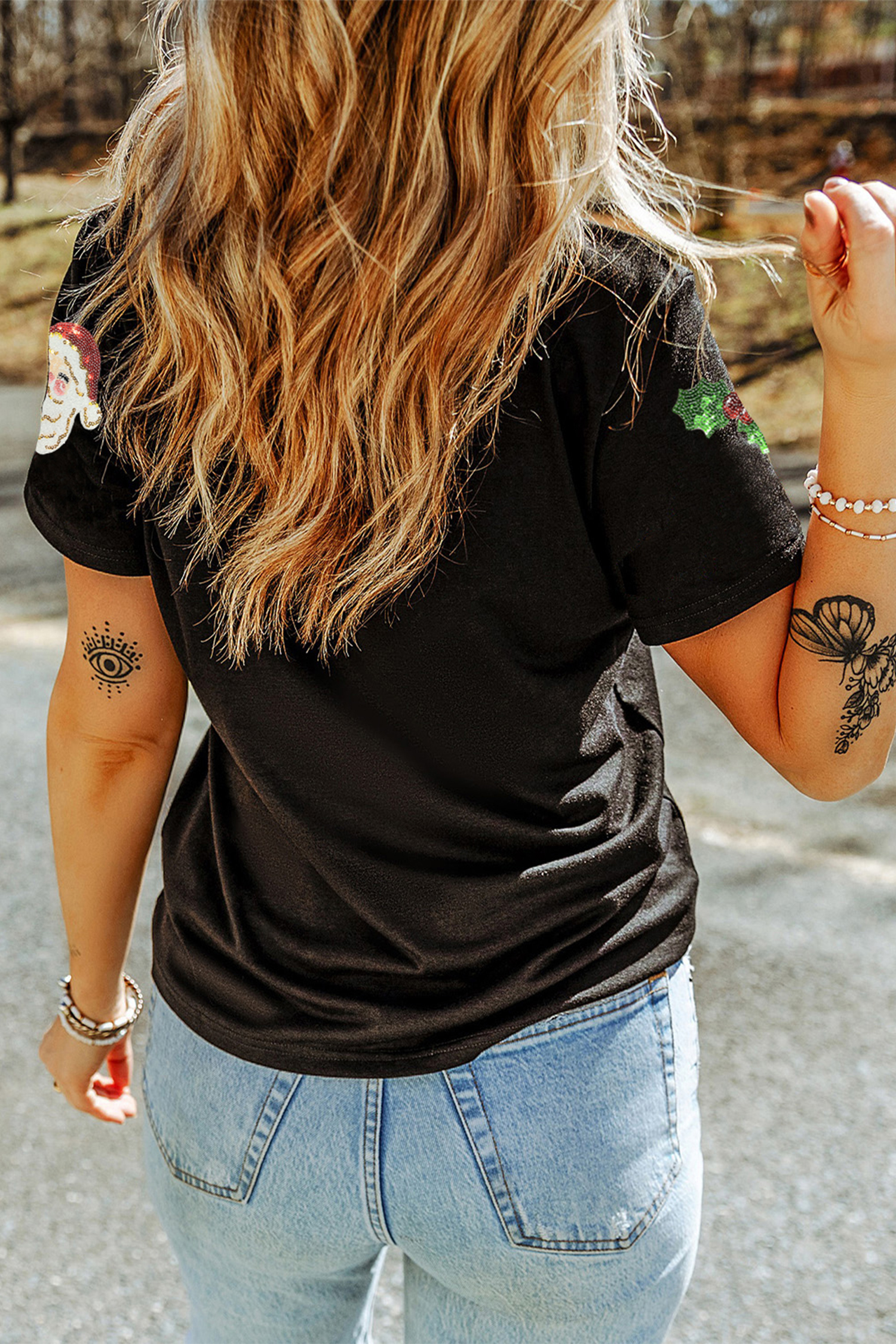 Black Christmas Holly Santa Claus Sequin Patched Graphic Tee - loveforevers