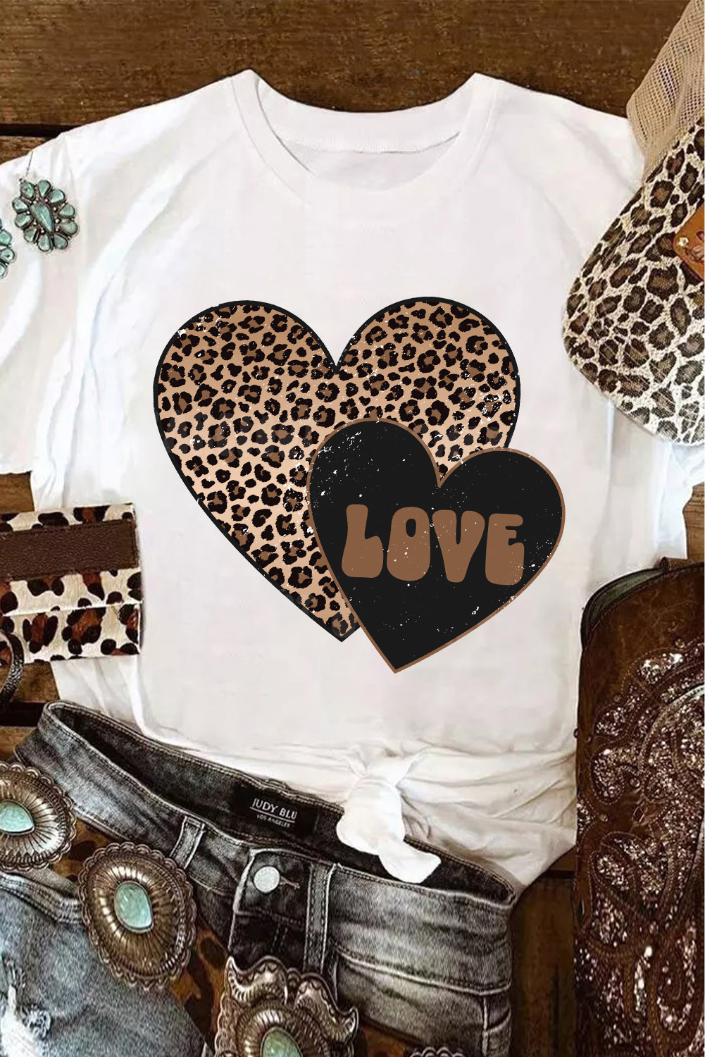 White Leopard LOVE Double Heart Printed Valentines Graphic Tee - loveforevers