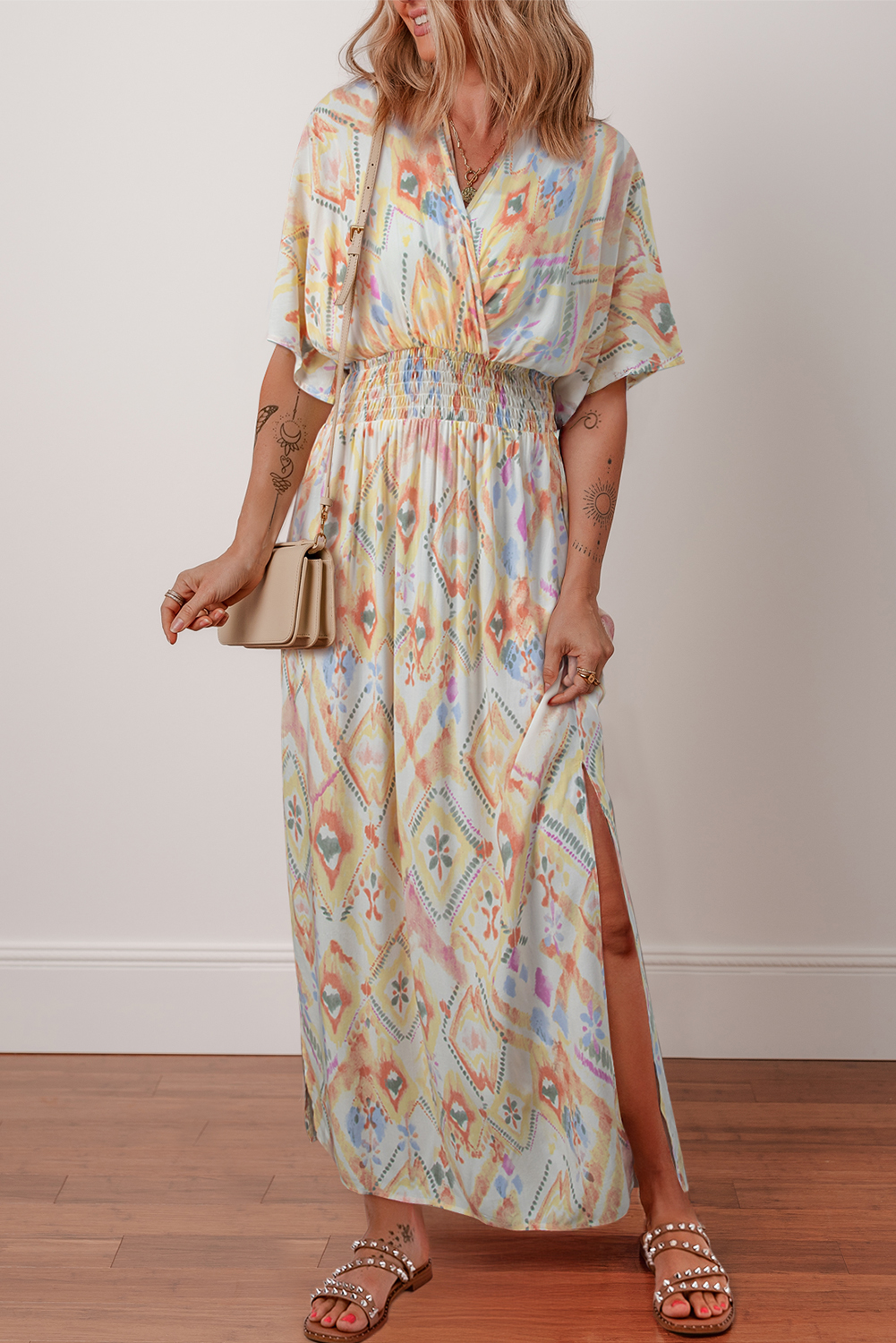 Multicolour Geometric Print Half Sleeve Shirred High Waist Maxi Dress - loveforevers