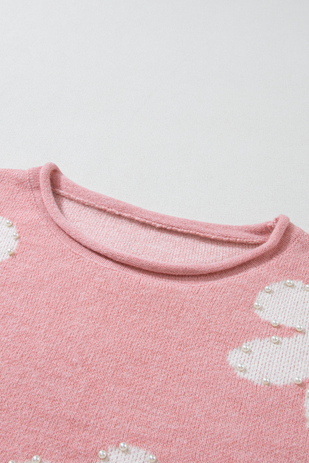 Bonbon Pearl Beaded Heart Drop Shoulder Sweater - loveforevers