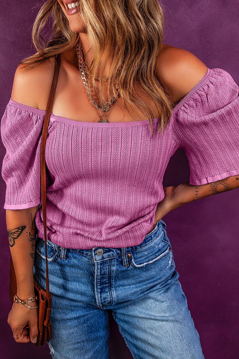 Phalaenopsis Textured Square Neck Half Sleeve Knitted Top - loveforevers