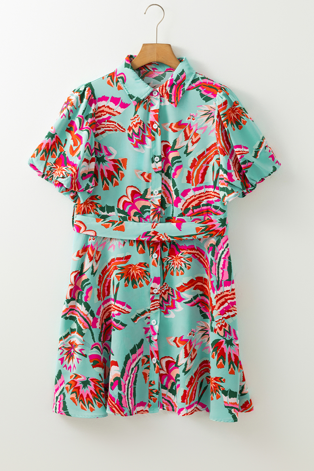 Green Abstract Print Lace-up High Waist Buttoned Mini Dress - loveforevers