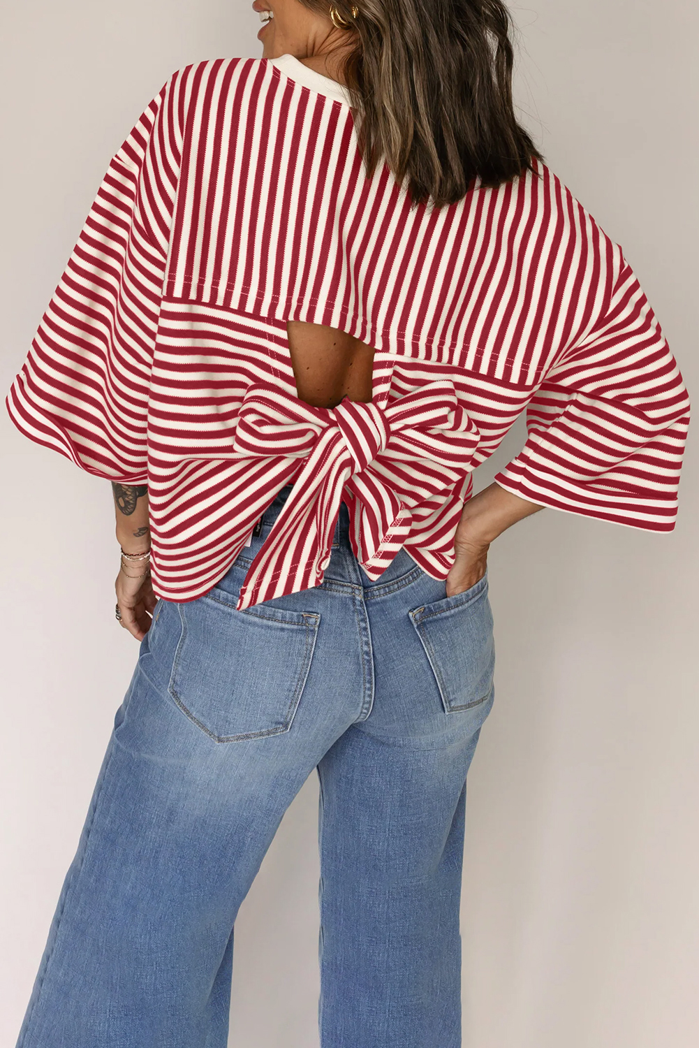 Red Stripe Bowknot Cutout Back Drop Shoulder Wide Bracelet Sleeve Loose Tee - loveforevers