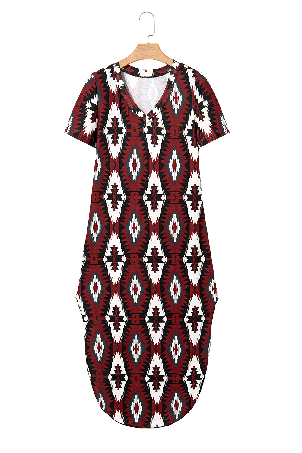 Red Western Aztec Printed Long T-shirt Dress - loveforevers
