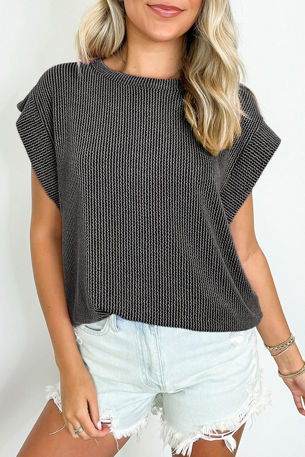Gray Twisted Rib Wide Sleeve Crew Neck T Shirt - loveforevers