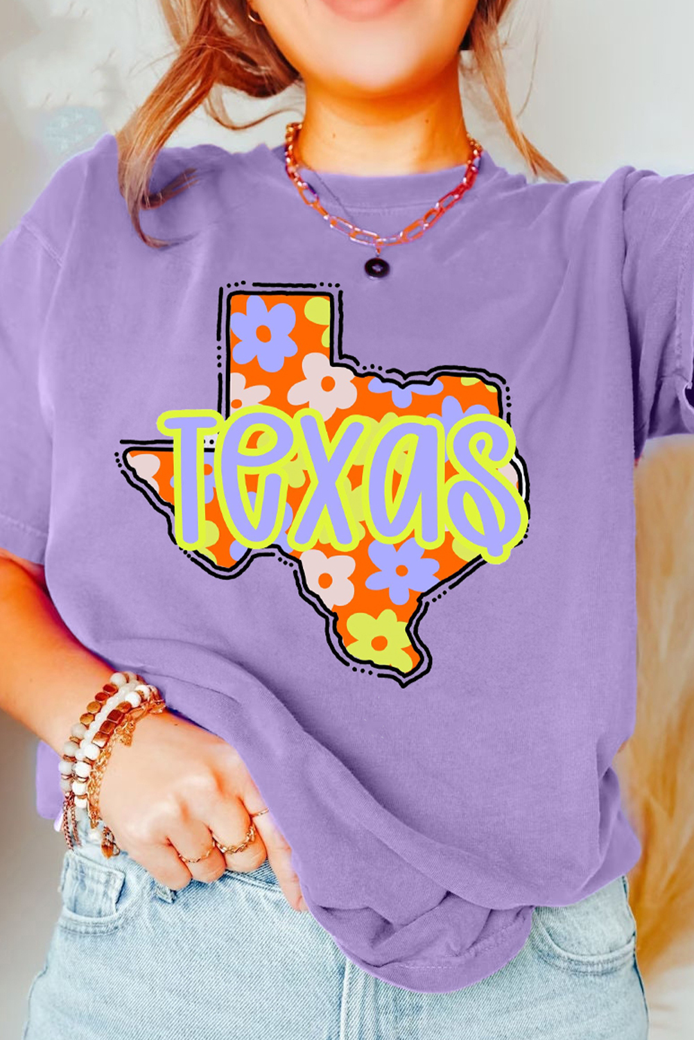 Wisteria TEXAS Flower Print Crew Neck T Shirt - loveforevers