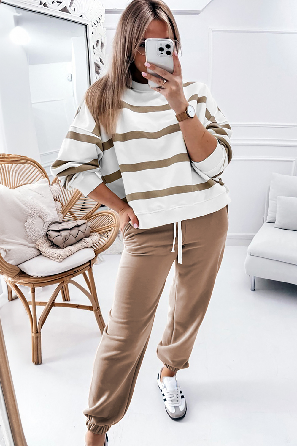 Brown Stripe Striped Drop Shoulder Pullover and Jogger Pants Set - loveforevers
