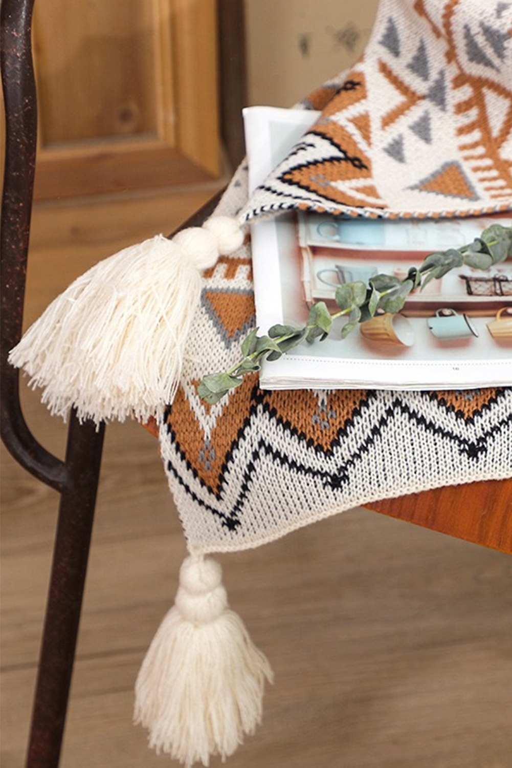 Parchment Geometric Pattern Knit Bohemian Tassel Blanket - loveforevers