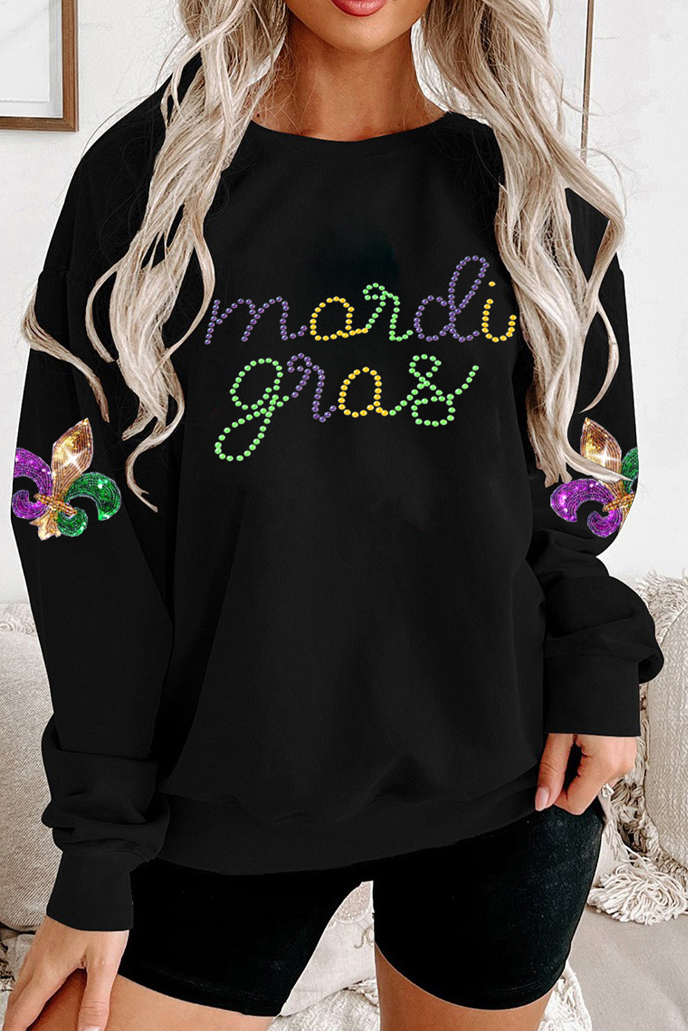 Black Ceramic Rhinestone mardi gras Letter Graphic Sweatshirt - loveforevers