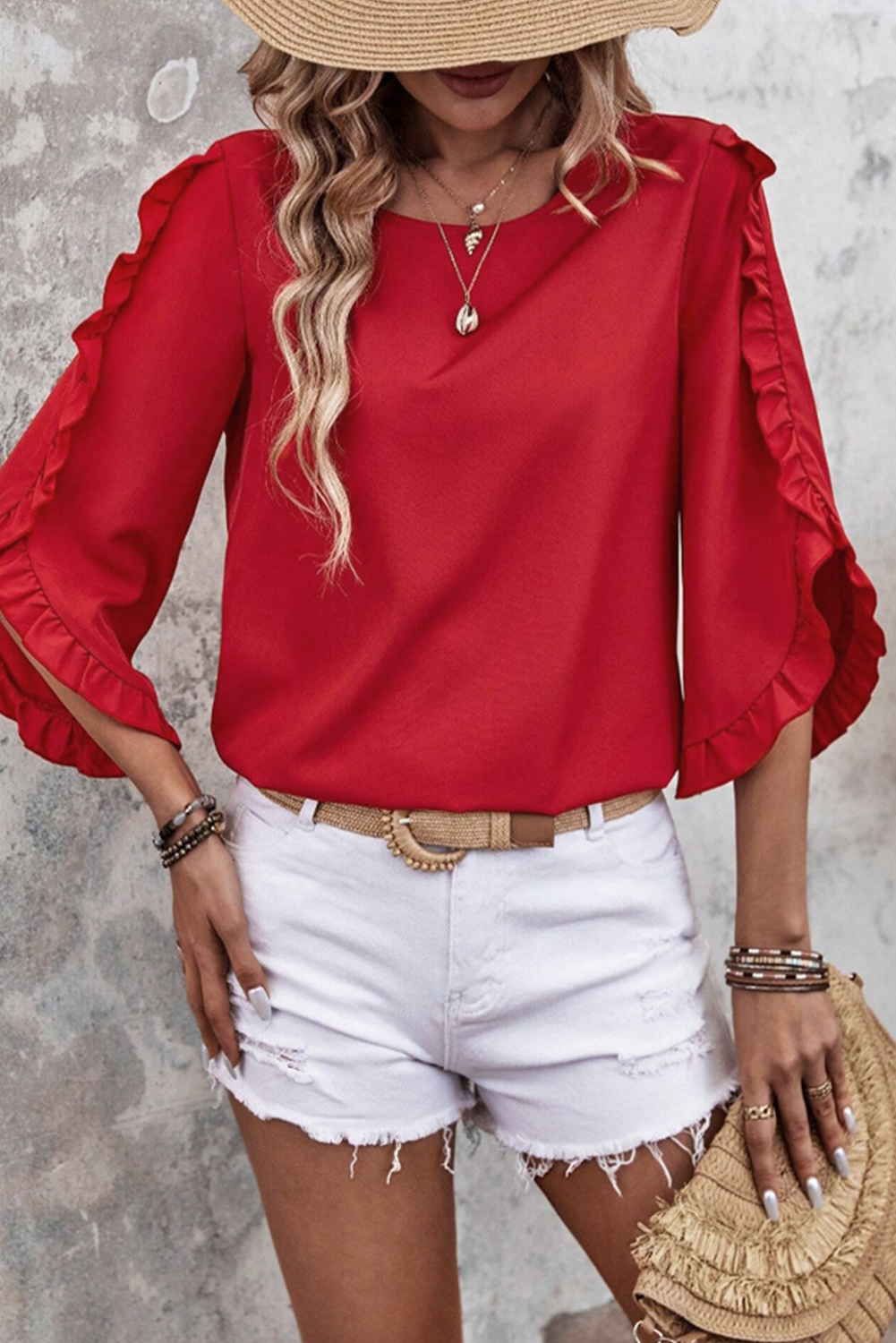 Black Ruffle Trimmed 3/4 Sleeve Round Neck Blouse - loveforevers