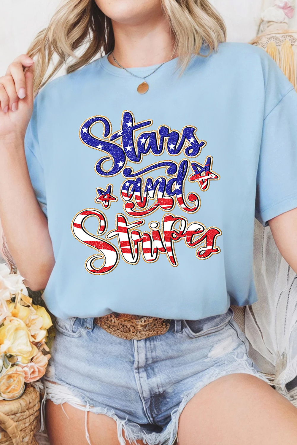 Light Blue Stars and Stripes Graphic July 4th Patriotic Tee - loveforevers