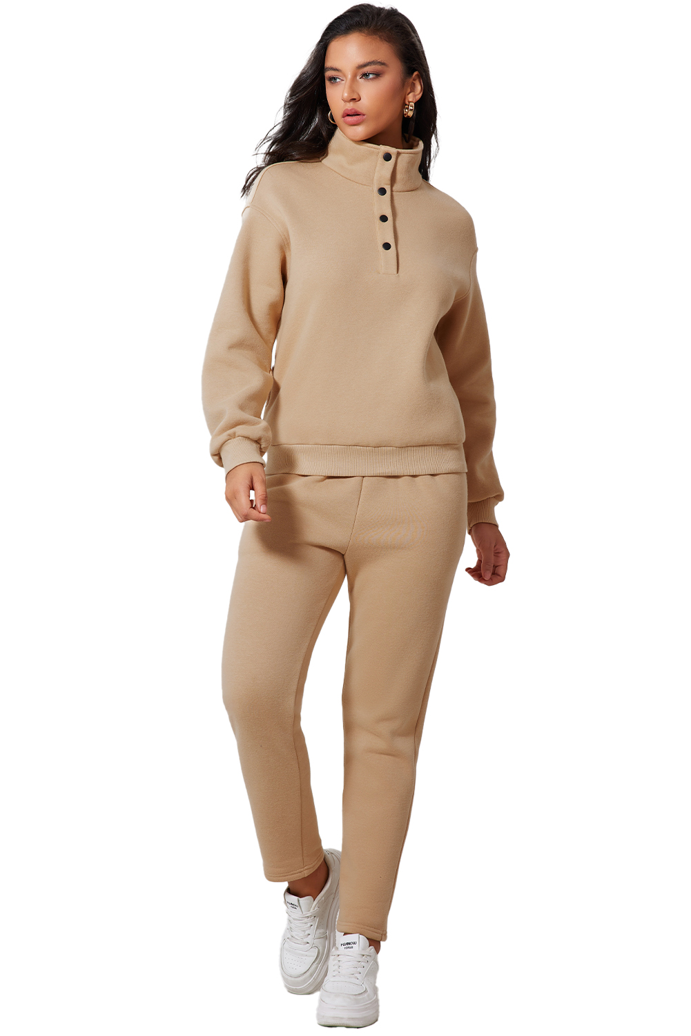 Parchment Solid Half Button Sweatshirt and High Waist Sweatpants Set - loveforevers